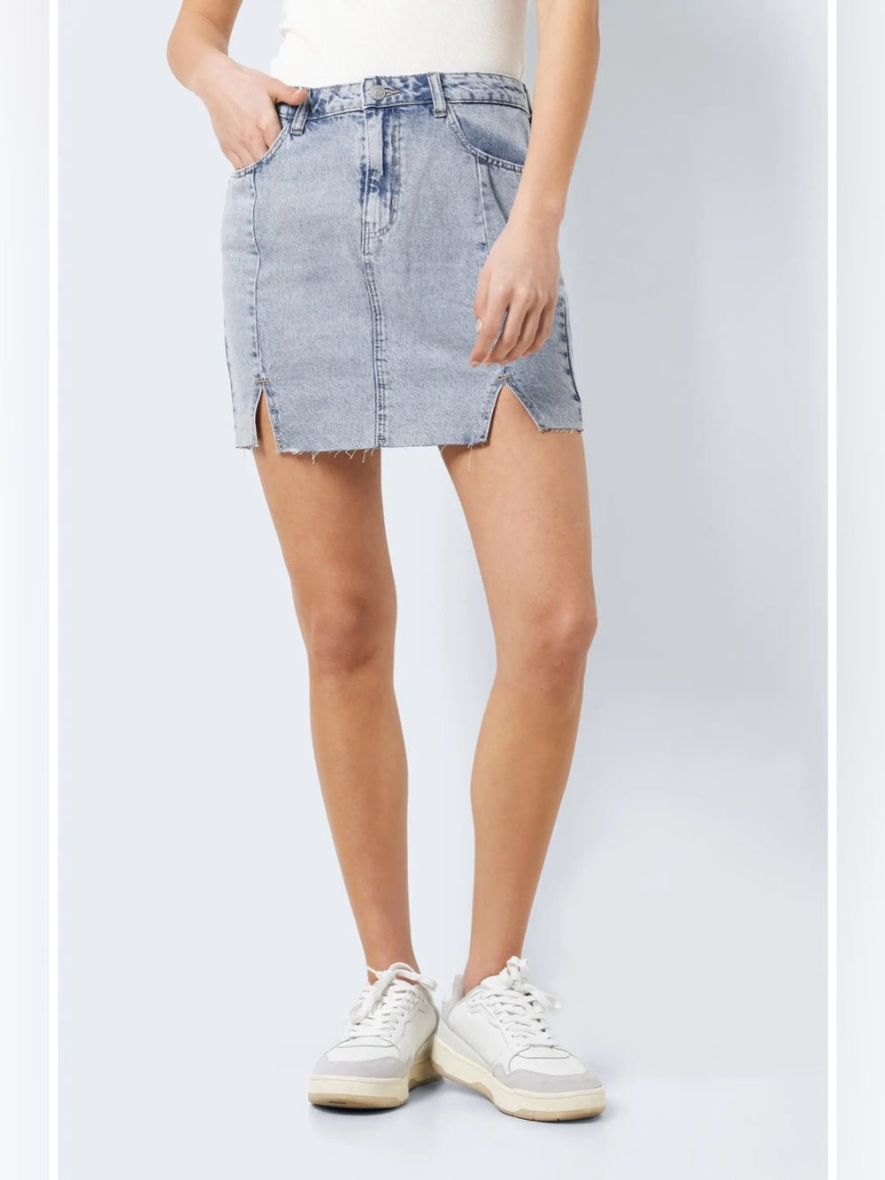 Noisy May Light Blue Denim Mini Skirt with Front Slits